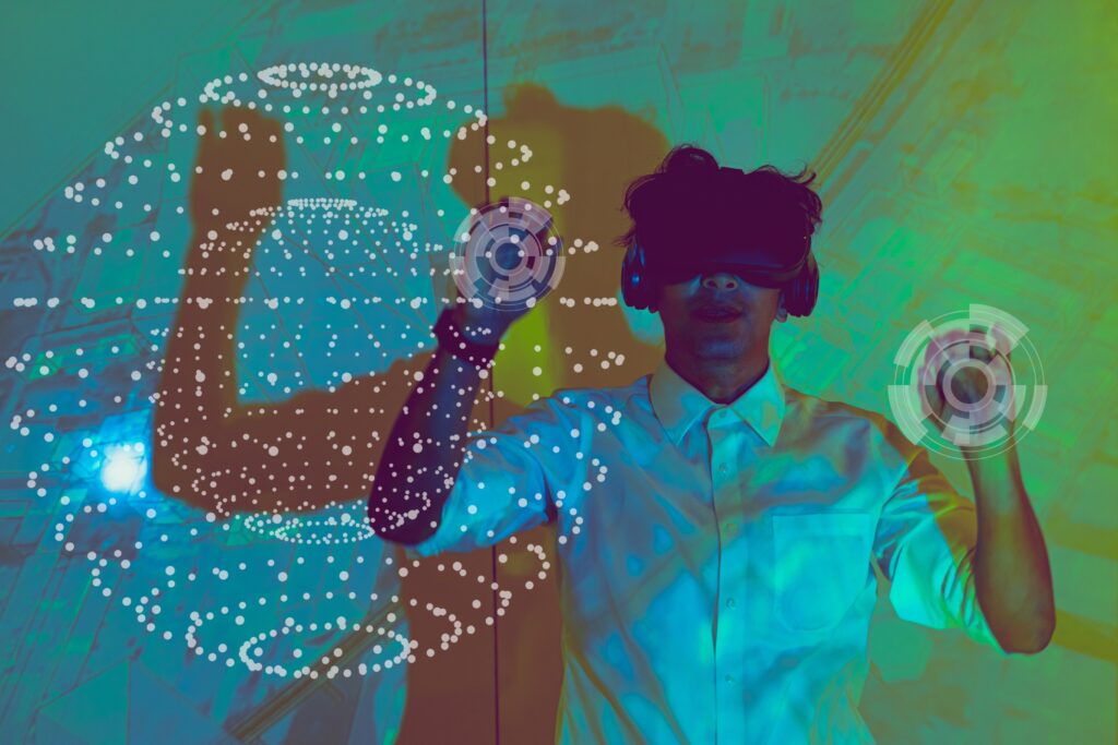 People enjoy using VR Glasses with new 3D virtual world and game in future modern technology platform.