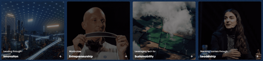 Pictures of the themes featured at Tech Arena 2024: Innovation, Entrepreneurship, Sustainability and Leadership