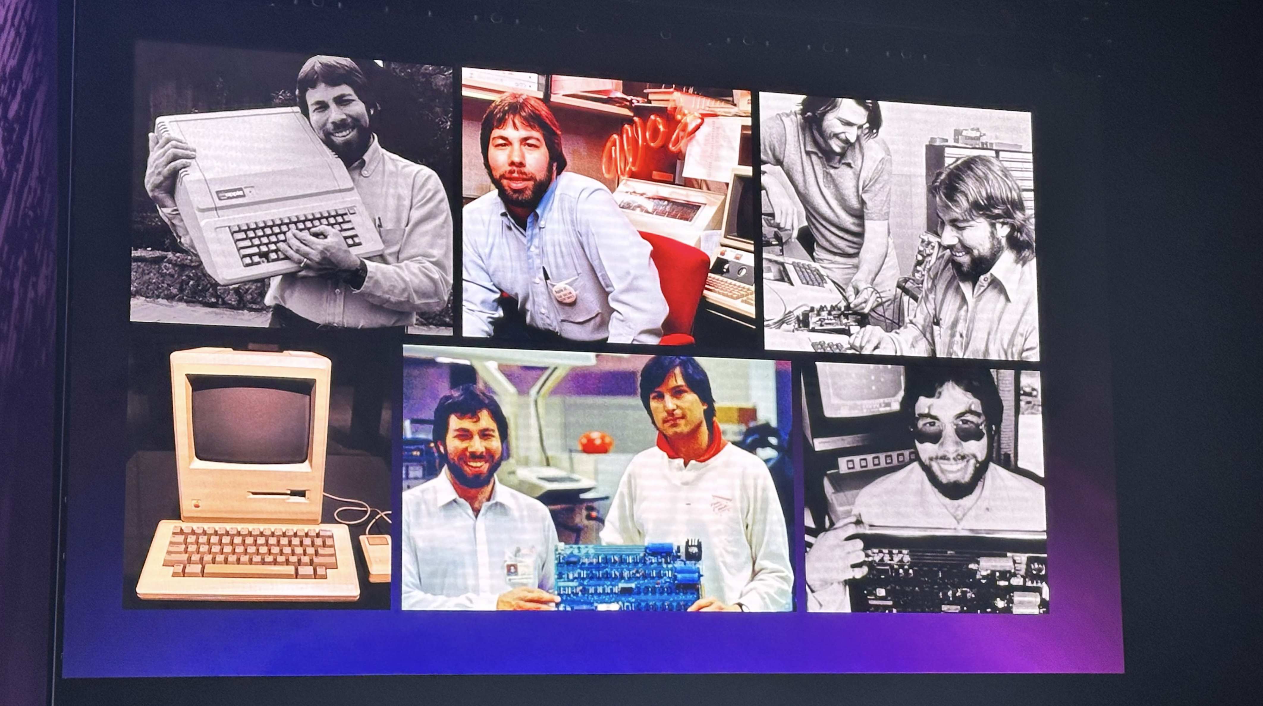 Vintage photos of Steve Wozniak with Steve Jobs by his side, shown during the Tech Arena 2024