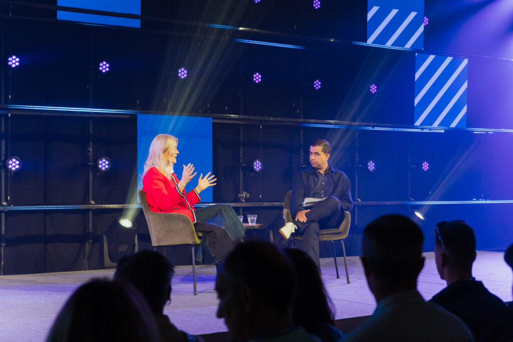 Helle Thorning-Schmidt on the main "Vision" stage to talk about her role at The Meta Oversight Board. Interviewer and moderator is Financial Times journalist Murad Ahmed. Photo: PR / TNW & Financial Times